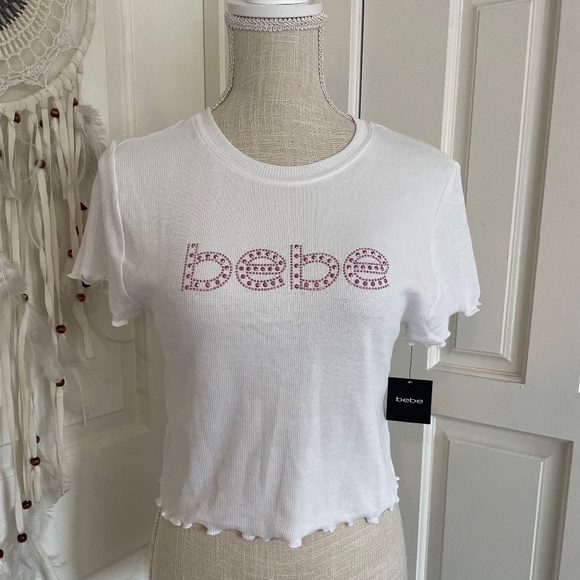 Bebe NWT Y2K White Logo Pink Stone Ribbed Scoop Neck Crop Top, Size S - Picture 2 of 13